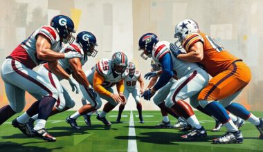 A fragmented, geometric painting depicting an offensive line play, with the players