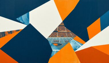 A cubist-style painting depicting a football game broken down into sharp, overlapping geometric shapes in navy blue, orange, and white, conveying the competitive nature of the NFL Draft.