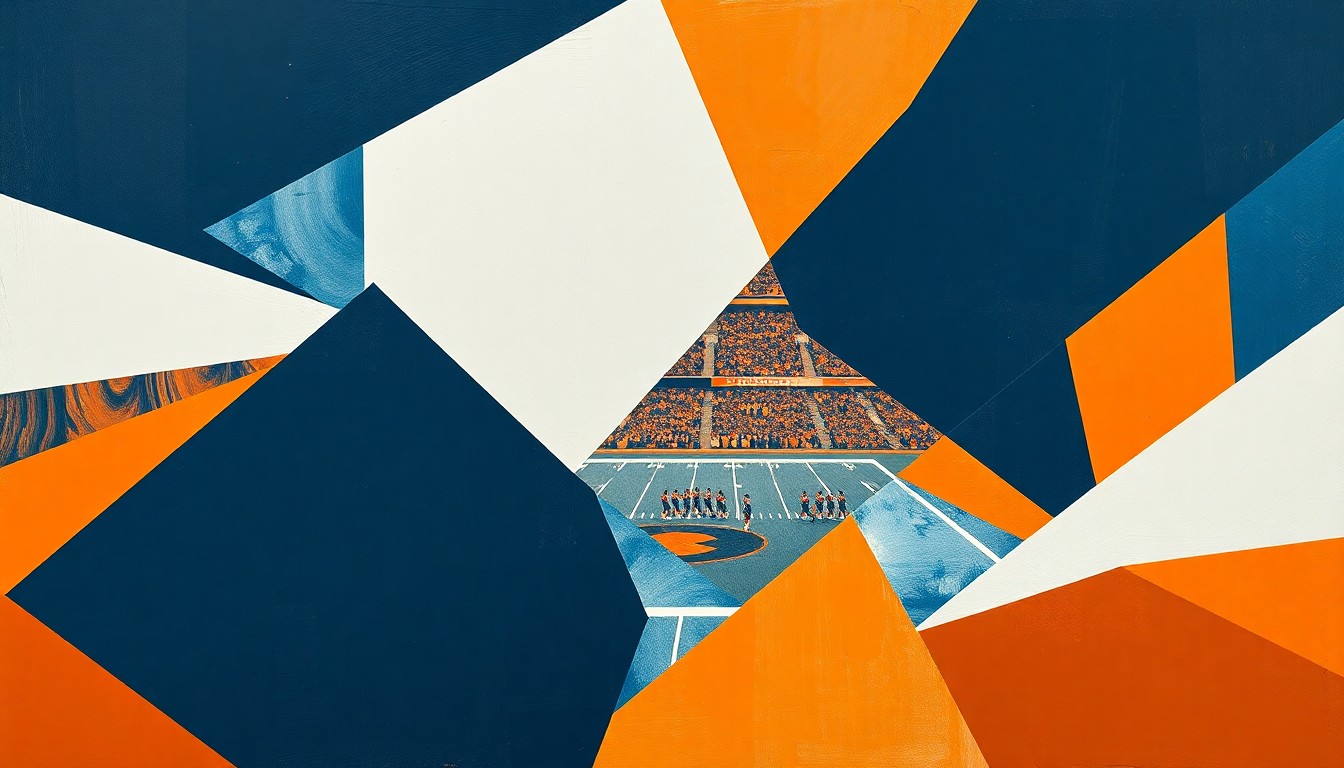 A cubist-style painting depicting a football game broken down into sharp, overlapping geometric shapes in navy blue, orange, and white, conveying the competitive nature of the NFL Draft.