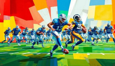 A fractured, cubist-style painting depicting a football player in mid-motion on a kickoff or punt coverage unit, with sharp, overlapping geometric planes in the colors of the Lions and Rams uniforms, conceptually representing the specialized contributions of a