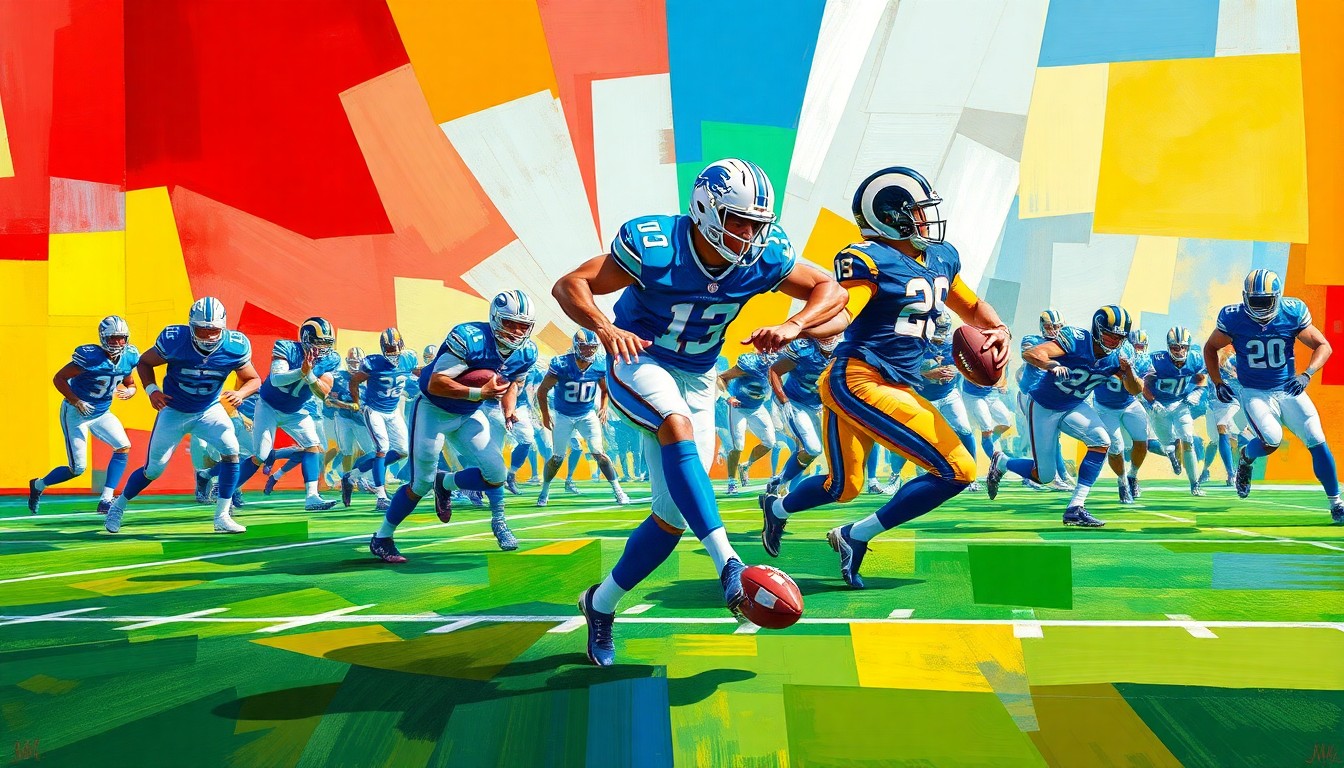 A fractured, cubist-style painting depicting a football player in mid-motion on a kickoff or punt coverage unit, with sharp, overlapping geometric planes in the colors of the Lions and Rams uniforms, conceptually representing the specialized contributions of a
