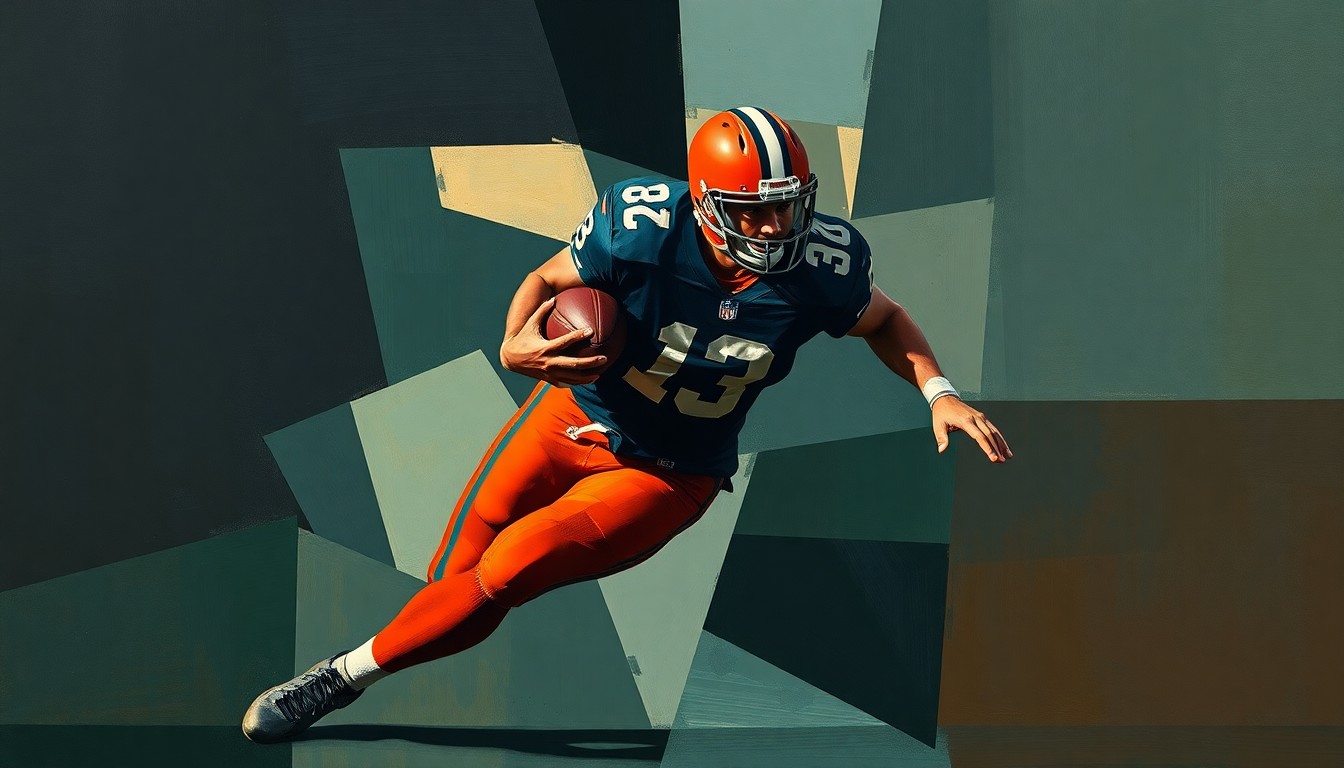 A cubist-style painting depicting a football player in motion, broken down into sharp, overlapping geometric shapes in muted tones of navy, forest green, and burnt orange, conceptually representing the complex factors behind the Colts