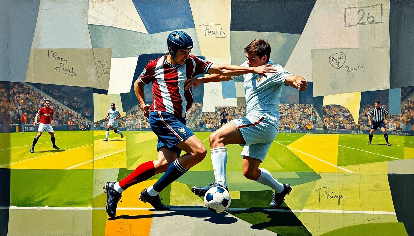A fractured, geometric painting depicting the confrontation between two football players, their bodies and movements broken down into sharp, overlapping planes of color and form.