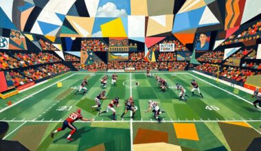 A cubist-style painting depicting a football game in abstract geometric shapes and planes of color, conveying a sense of energy and motion on the field.