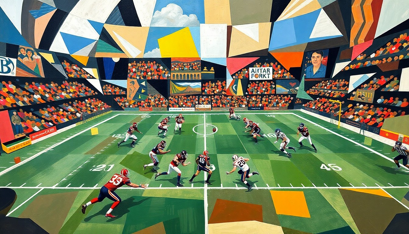 A cubist-style painting depicting a football game in abstract geometric shapes and planes of color, conveying a sense of energy and motion on the field.