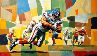 A fragmented, geometric painting depicting the explosive action of a defensive tackle making a play, with sharp planes of color and form capturing the raw energy of the moment.
