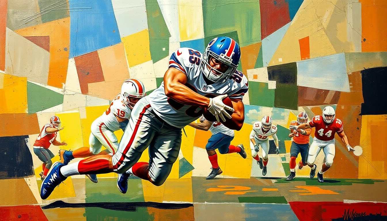 A fragmented, geometric painting depicting the explosive action of a defensive tackle making a play, with sharp planes of color and form capturing the raw energy of the moment.