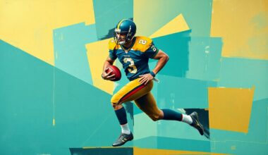 A fragmented, cubist-style painting depicting a football player in motion, broken down into sharp, overlapping geometric shapes in the team colors of teal, gold, and black, conveying the tension and uncertainty around the player