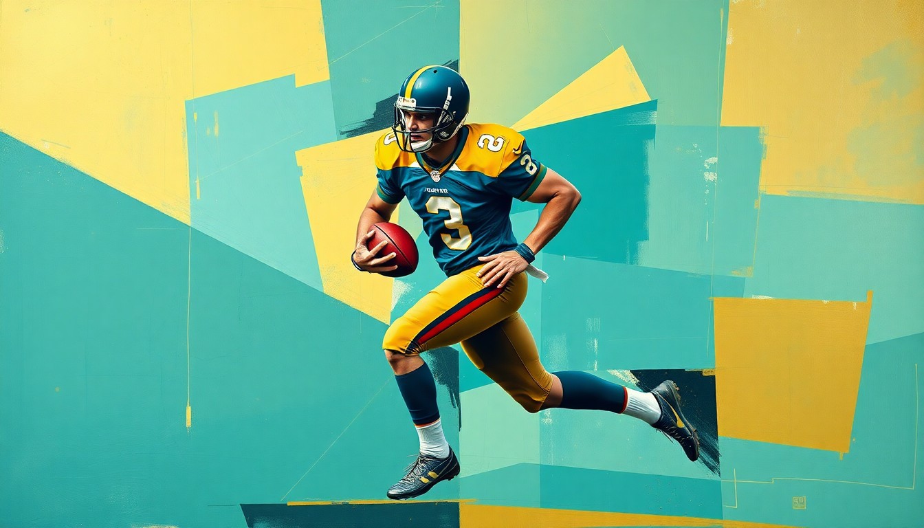 A fragmented, cubist-style painting depicting a football player in motion, broken down into sharp, overlapping geometric shapes in the team colors of teal, gold, and black, conveying the tension and uncertainty around the player