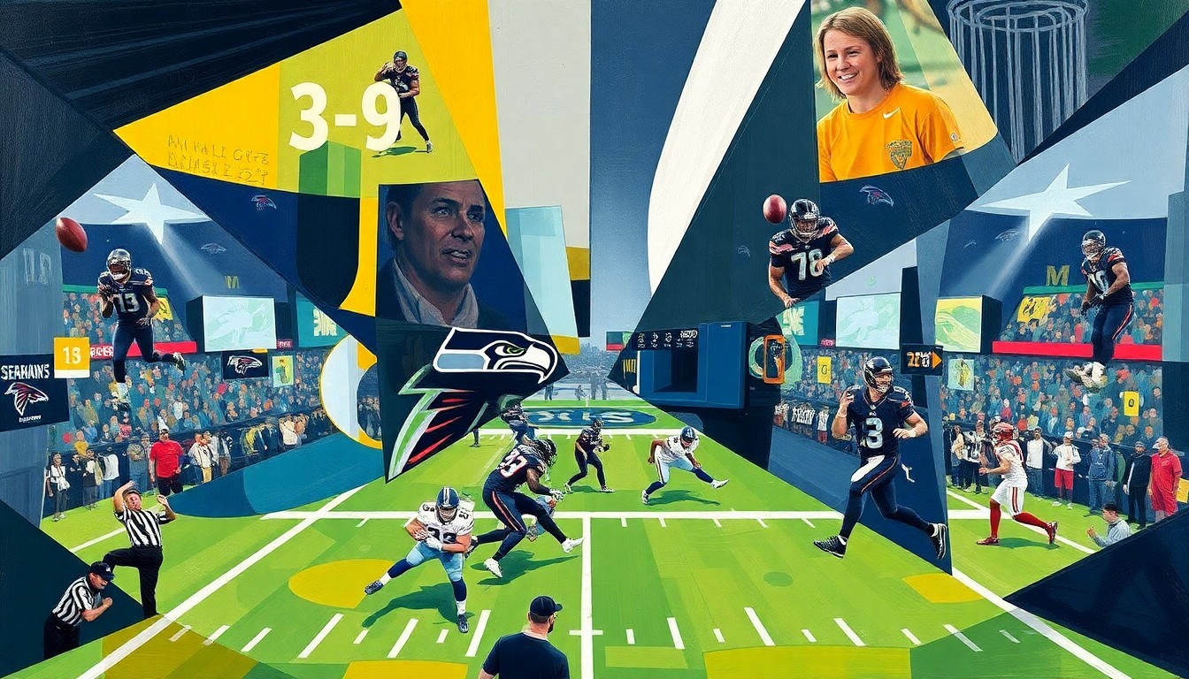 A cubist, geometric painting depicting various moments from the Seahawks