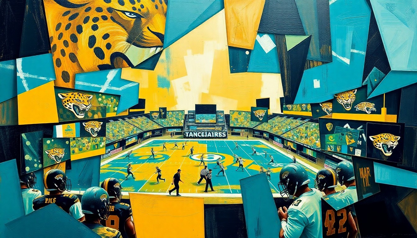 A fractured, cubist-style painting depicting a Jaguars football game or practice, with sharp geometric shapes and planes in the team