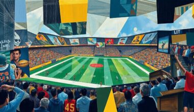 A cubist, geometric painting depicting fragmented football players and equipment, representing the Patriots