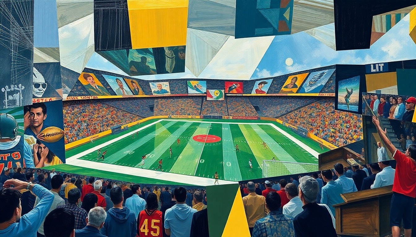 A cubist, geometric painting depicting fragmented football players and equipment, representing the Patriots