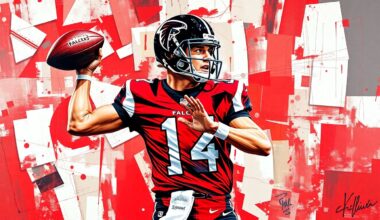 A fractured, cubist-style painting depicting a football quarterback dropping back to pass, broken down into sharp, overlapping geometric planes in the Falcons