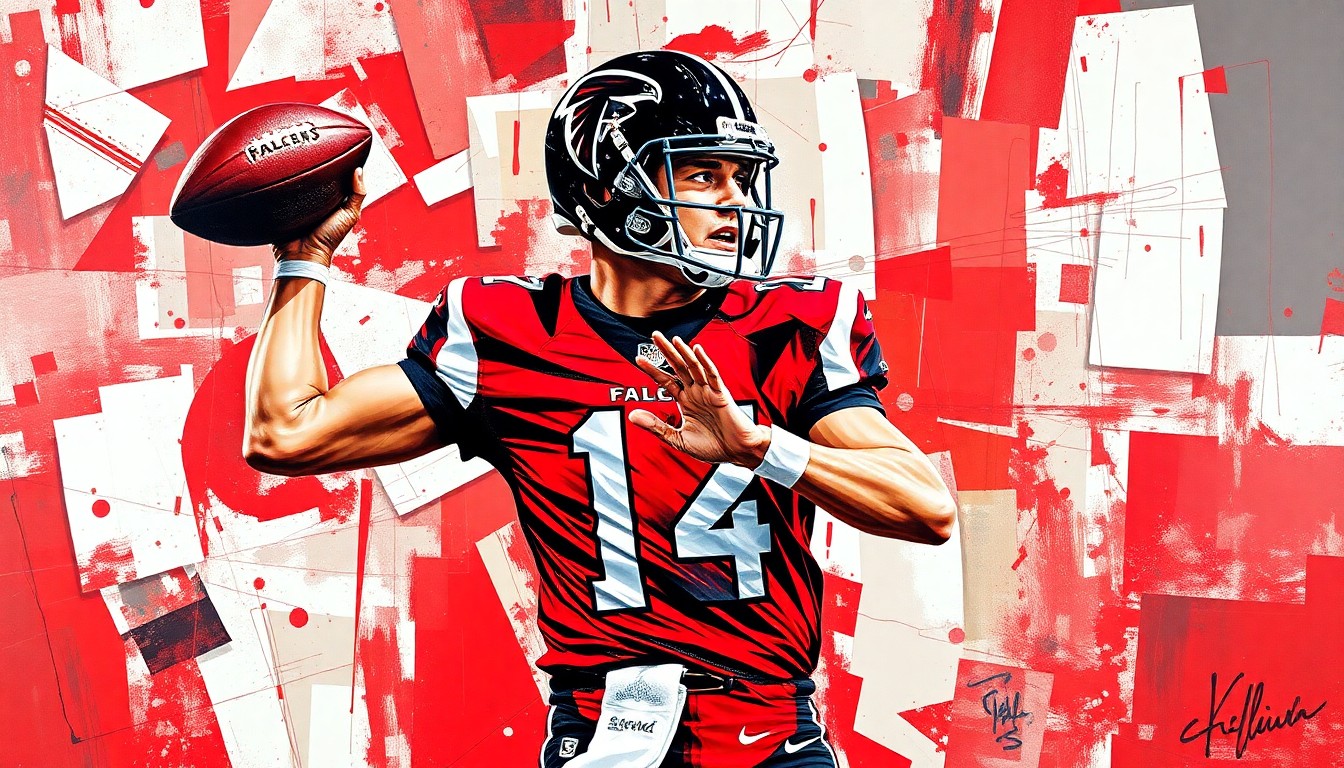 A fractured, cubist-style painting depicting a football quarterback dropping back to pass, broken down into sharp, overlapping geometric planes in the Falcons