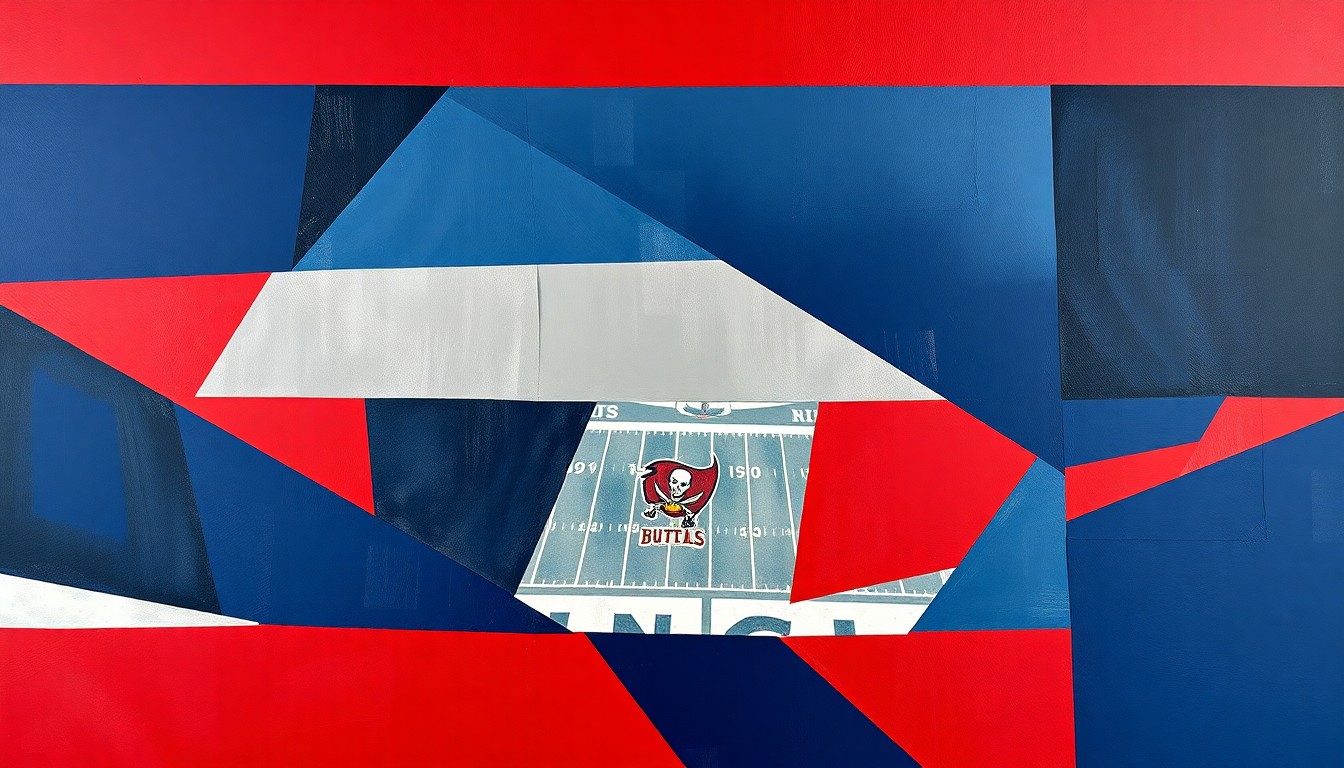 A cubist, geometric painting depicting a fragmented, multi-angled view of a Tampa Bay Buccaneers football game, with sharp planes of navy blue, red, and pewter colors.