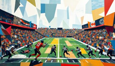 A cubist, geometric painting depicting a fractured, multi-perspective view of a football game, with players and the field reduced to abstract shapes and planes of color, conveying a sense of motion and energy.