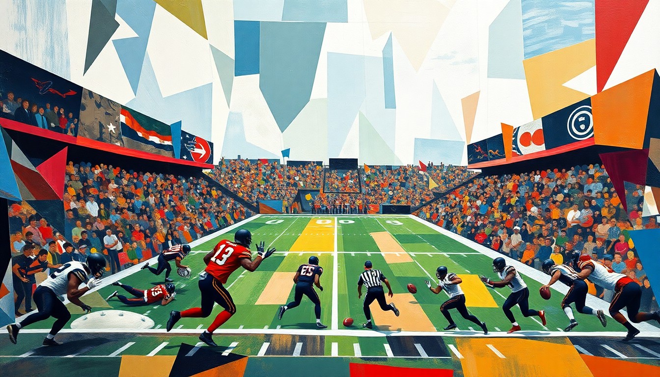 A cubist, geometric painting depicting a fractured, multi-perspective view of a football game, with players and the field reduced to abstract shapes and planes of color, conveying a sense of motion and energy.