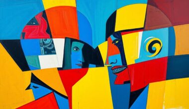 A fractured, geometric painting depicting the complex financial negotiations and decisions made by a quarterback, with sharp planes of color and overlapping perspectives conveying the strategic nature of modern NFL contract management.