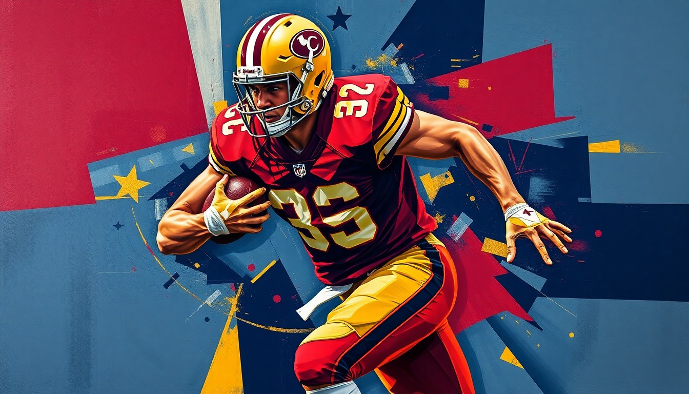 A fragmented, geometric painting depicting a football player in the act of rushing the passer, with sharp planes of burgundy, gold, and navy blue representing the Commanders