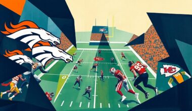 An abstract, cubist-style painting depicting a football game, with the players and field reduced to angular, geometric shapes in shades of blue, green, and orange.