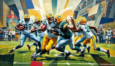 A cubist, geometric illustration depicting a fractured, multi-angled view of a Packers defensive play, with sharp planes and shapes representing the chaos and breakdown of the run defense.