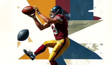 A fractured, geometric painting depicting a football player making a catch, with their form broken down into sharp, overlapping planes of deep burgundy, navy blue, and gold, capturing the raw energy and motion of the sport.
