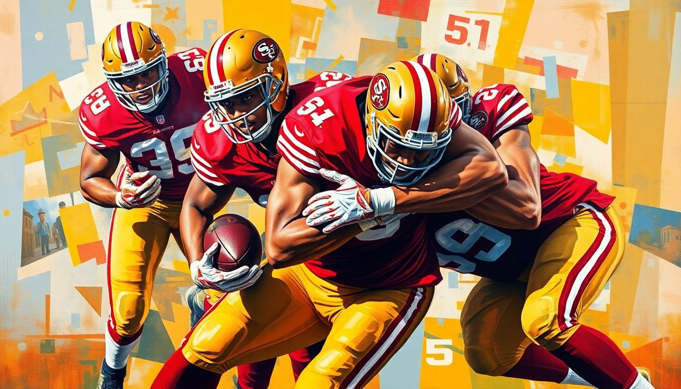 A fractured, geometric painting depicting a defensive lineman in motion, with sharp planes of red and gold colors representing the 49ers