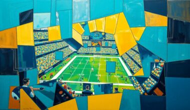 A cubist, geometric painting depicting fragmented football players and draft prospects, rendered in bold teal, gold, and navy blue hues.