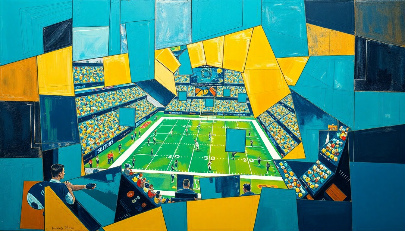 A cubist, geometric painting depicting fragmented football players and draft prospects, rendered in bold teal, gold, and navy blue hues.
