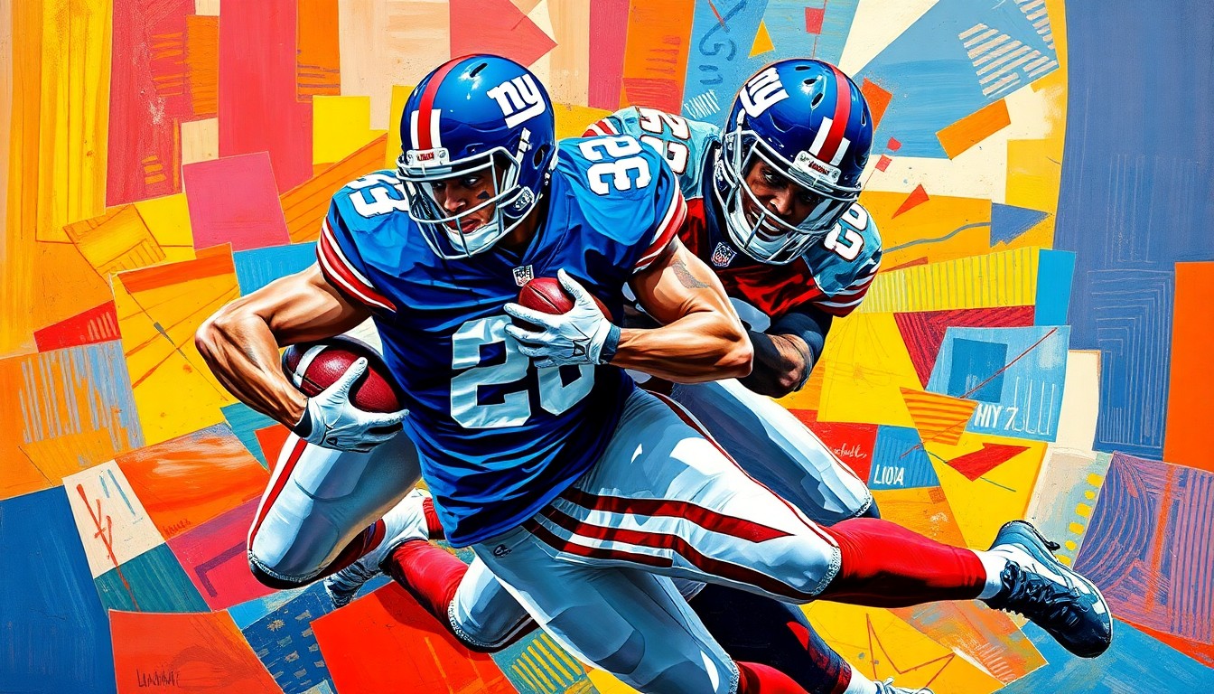 A fractured, cubist-style painting depicting the powerful movements of a defensive tackle making a tackle, with the Giants