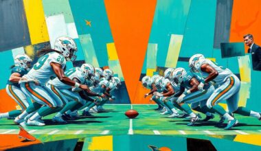 A fragmented, cubist-style painting depicting an abstract Miami Dolphins offensive line play, with sharp geometric shapes and planes of color representing the players and movement on the field.