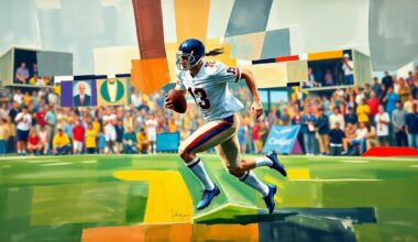 A fragmented, geometric painting depicting a football player