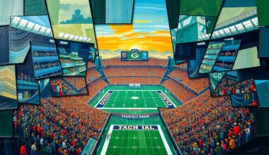 A cubist, geometric painting depicting the fractured elements of a football stadium, its surrounding cityscape, and the energy of a game day crowd, using vibrant colors like navy blue, forest green, and burnt orange.