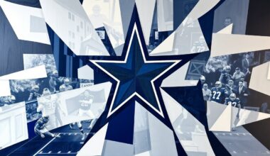 A fractured, cubist-style painting depicting a football game or draft event, with sharp geometric shapes and planes in the Dallas Cowboys