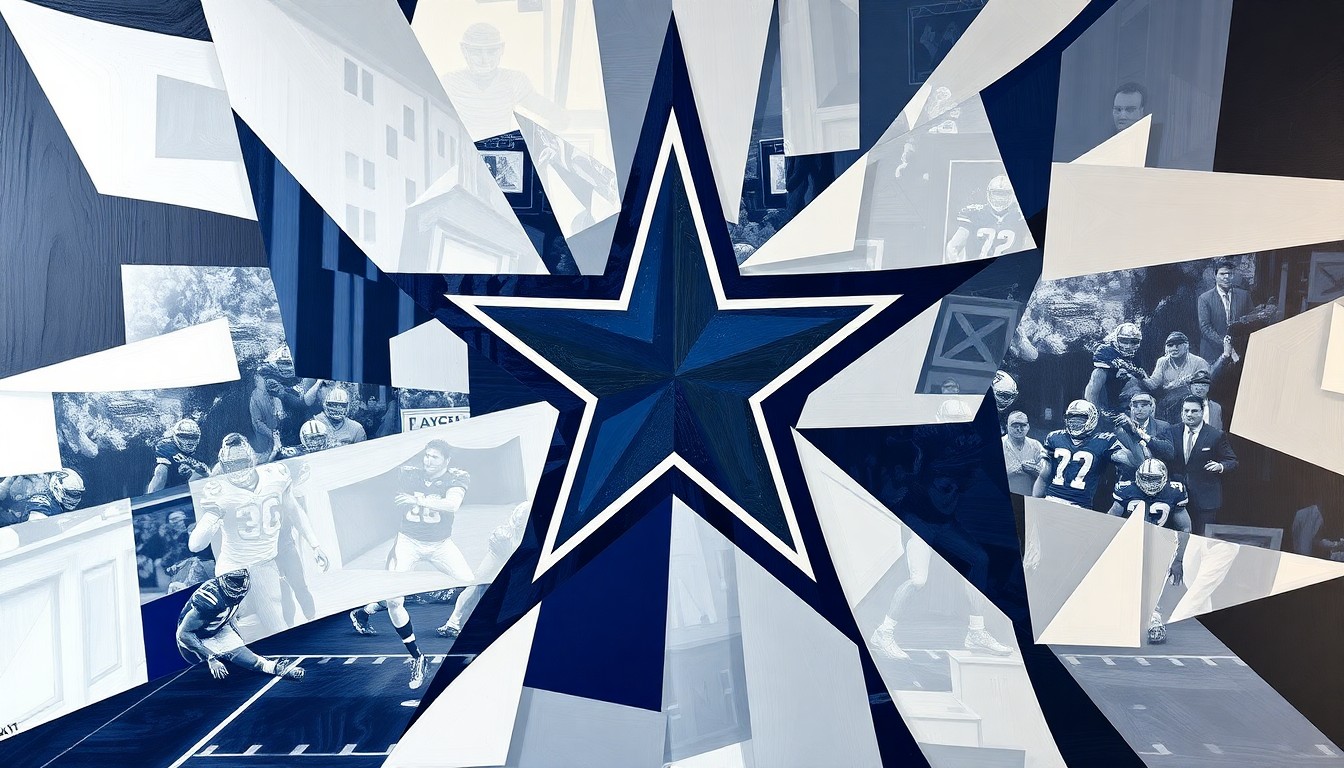 A fractured, cubist-style painting depicting a football game or draft event, with sharp geometric shapes and planes in the Dallas Cowboys