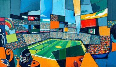 A fractured, cubist-style painting depicting an abstract football game or NFL draft scene, with sharp geometric shapes and planes in vibrant colors like deep blue, forest green, and burnt orange, capturing the dynamic energy of the event.