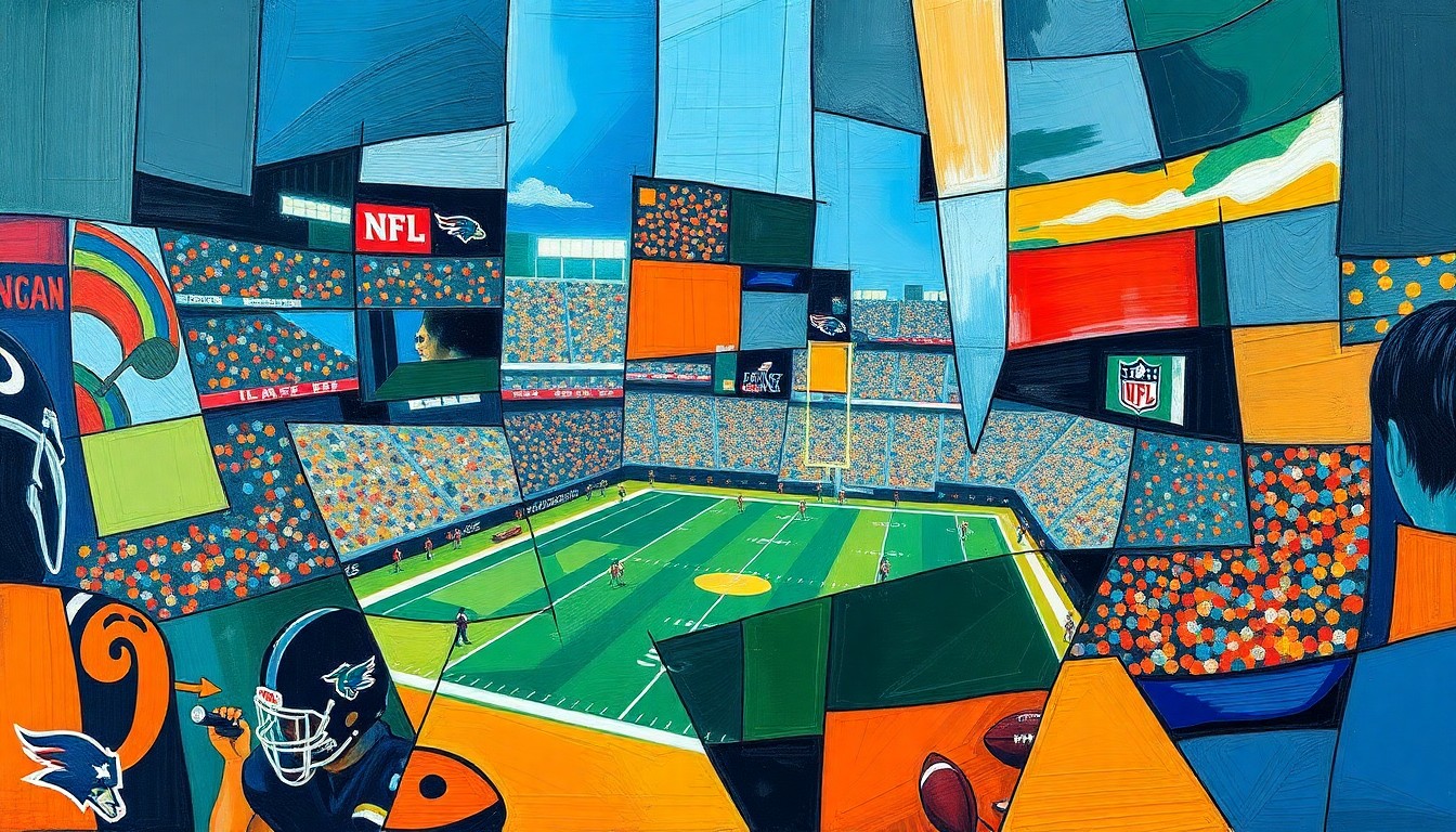 A fractured, cubist-style painting depicting an abstract football game or NFL draft scene, with sharp geometric shapes and planes in vibrant colors like deep blue, forest green, and burnt orange, capturing the dynamic energy of the event.
