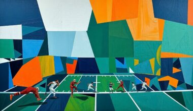 A cubist, geometric painting depicting an American football game broken down into sharp, overlapping planes of navy, green, and orange, conveying the complexity of the league