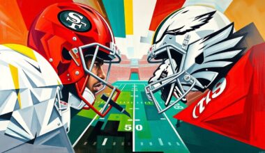 A cubist-style painting featuring fragmented, overlapping geometric shapes in the colors of the 49ers and Eagles uniforms, conceptually representing the high-stakes NFL playoff game between the two teams.