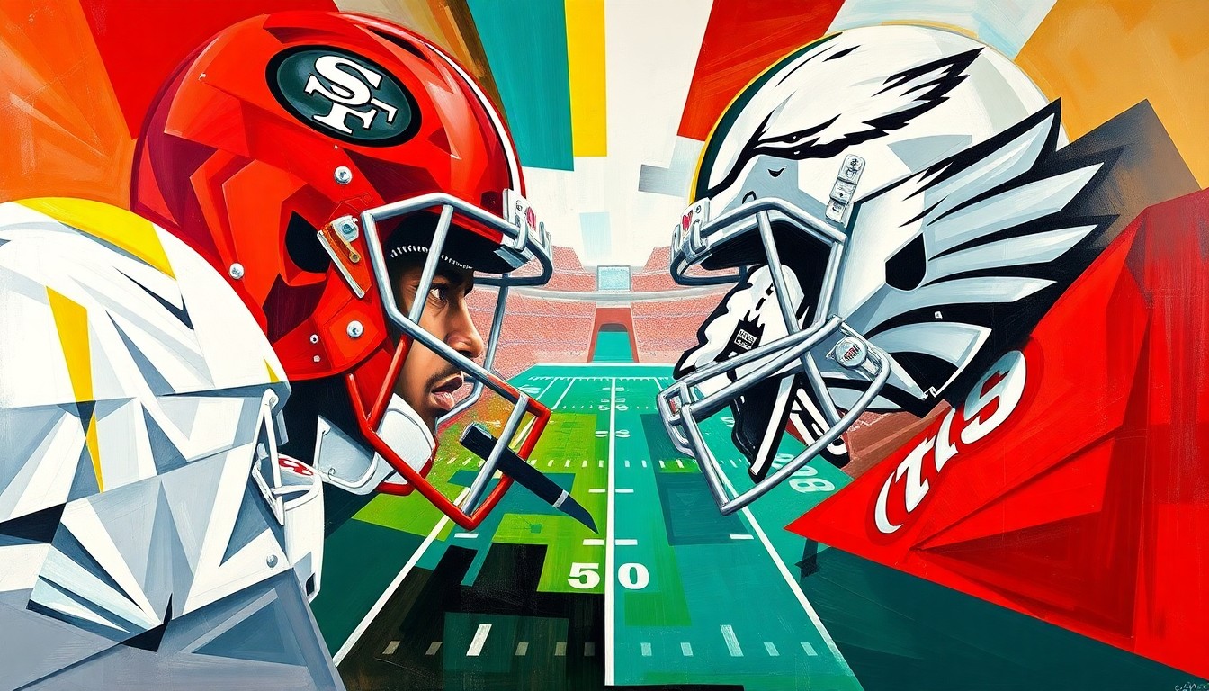 A cubist-style painting featuring fragmented, overlapping geometric shapes in the colors of the 49ers and Eagles uniforms, conceptually representing the high-stakes NFL playoff game between the two teams.