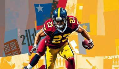 A cubist-style painting depicting a football player in action, broken down into sharp, overlapping geometric shapes in burgundy, gold, and navy blue tones.