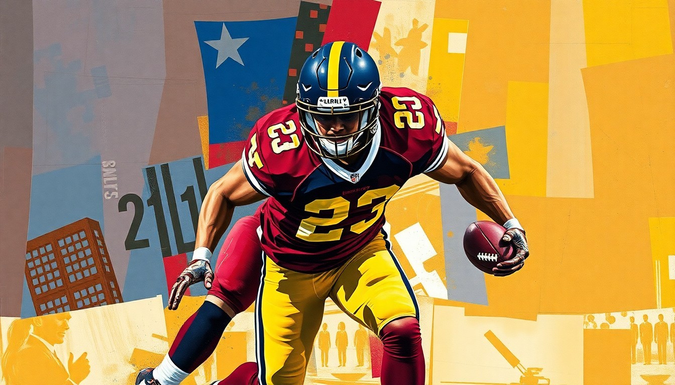 A cubist-style painting depicting a football player in action, broken down into sharp, overlapping geometric shapes in burgundy, gold, and navy blue tones.