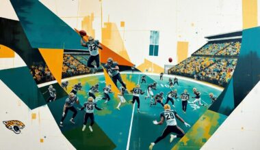 A cubist, geometric painting depicting a Jaguars football game broken down into overlapping planes of teal, gold, and white, capturing the fragmented and shifting nature of the team