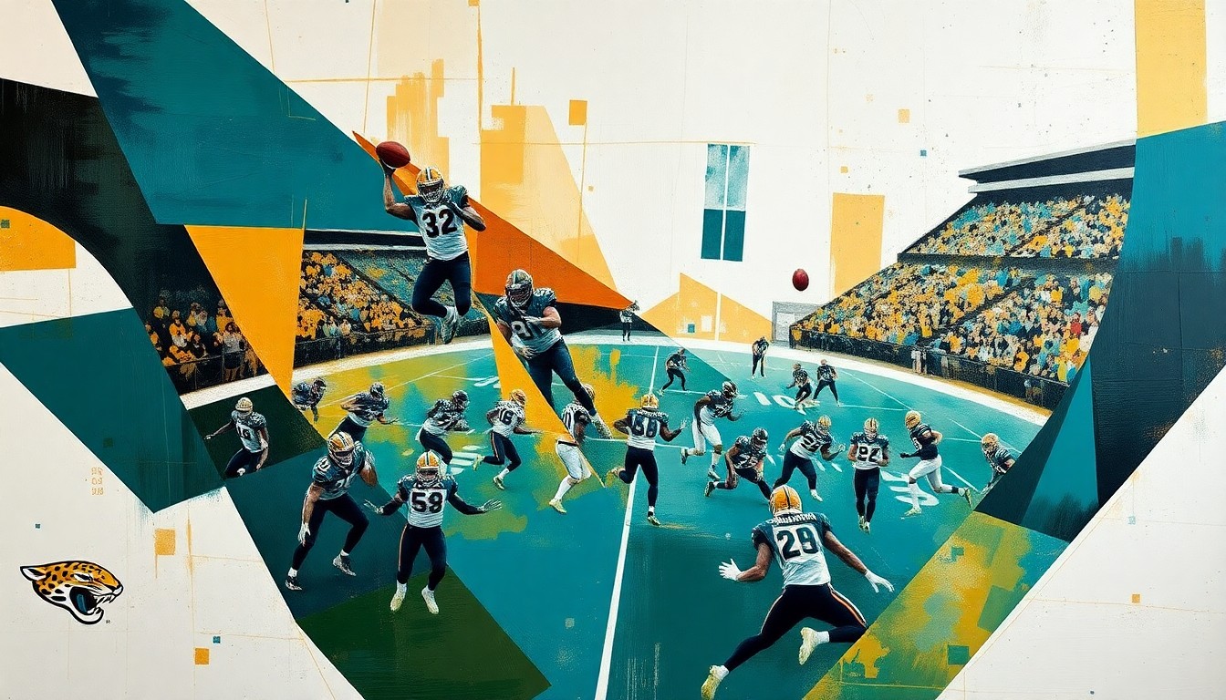 A cubist, geometric painting depicting a Jaguars football game broken down into overlapping planes of teal, gold, and white, capturing the fragmented and shifting nature of the team