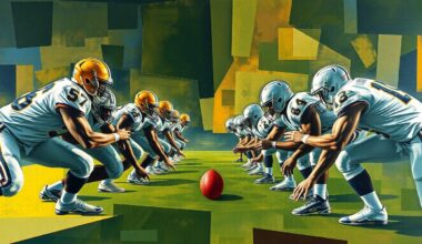 A cubist-style painting depicting the fragmented and overlapping geometric shapes of a football offensive line, symbolizing the complexity of rebuilding the Detroit Lions