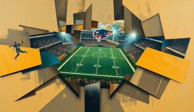 A fractured, cubist-style painting depicting an abstract football game or NFL draft scene, with sharp geometric planes in muted earth tones and metallic accents, conveying the strategic complexity of the Ravens