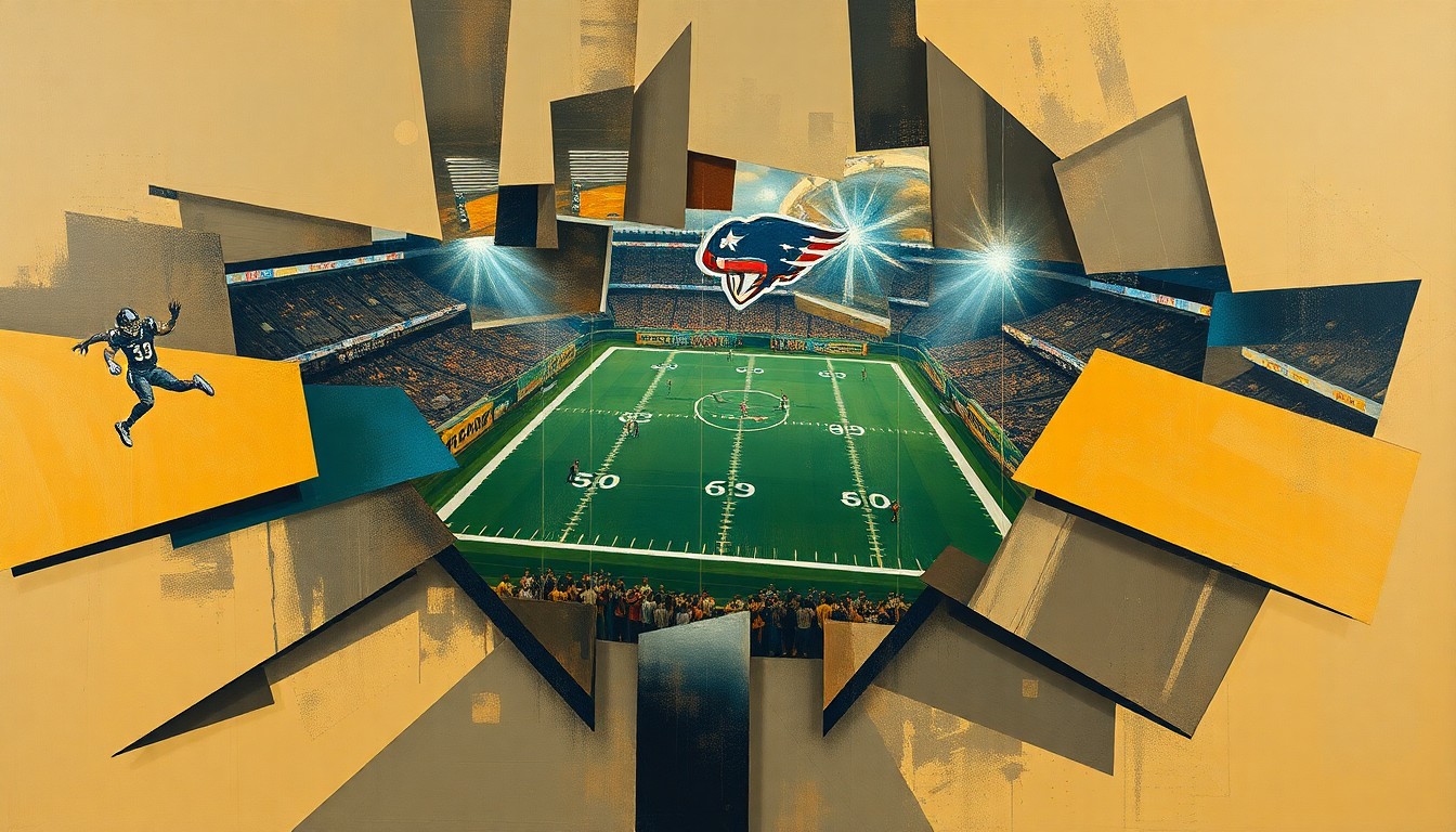 A fractured, cubist-style painting depicting an abstract football game or NFL draft scene, with sharp geometric planes in muted earth tones and metallic accents, conveying the strategic complexity of the Ravens
