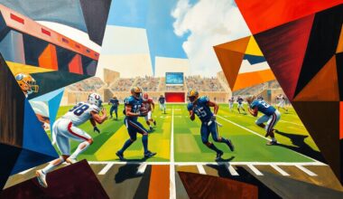 A cubist, geometric illustration depicting fragmented, overlapping shapes and planes of color representing a football practice or game scene, capturing the energy and movement of the sport without any identifiable players or logos.