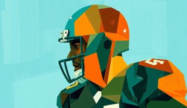 A fragmented, cubist-style painting depicting the silhouette of a football player broken down into sharp, overlapping geometric shapes in a palette of aqua, orange, and green, conceptually representing the complexities behind a star player